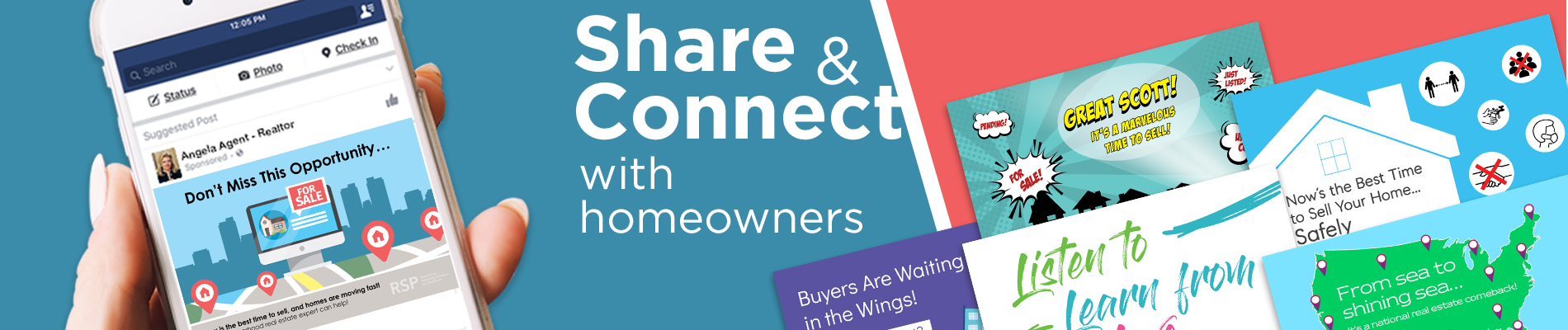Share and connect with homeowners postcards and sponsored facebook posts